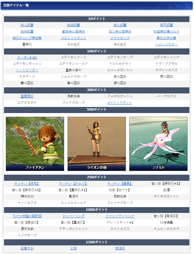 8月ログインキャンペーン交換リスト(クリックで拡大)