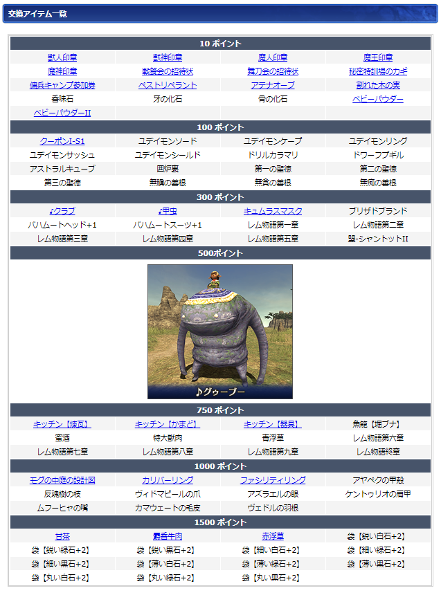 11月ログインキャンペーン交換リスト(クリックで拡大)