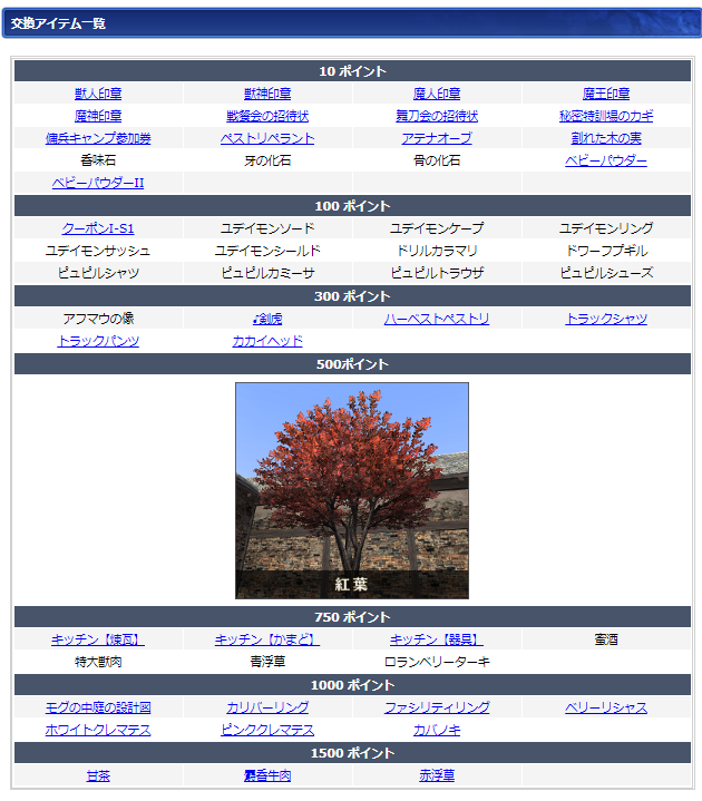 10月ログインキャンペーン交換リスト(クリックで拡大)