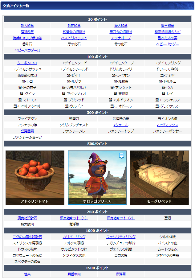 7月ログインキャンペーン交換リスト(クリックで拡大)