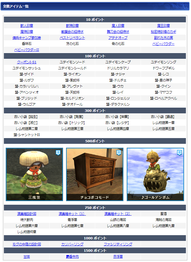 12月ログインキャンペーン交換リスト(クリックで拡大)