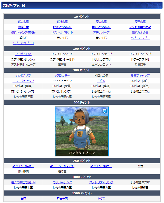 ９月ログインキャンペーン交換リスト(クリックで拡大)