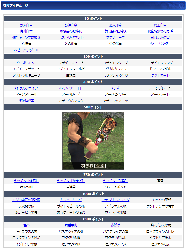 １月ログインキャンペーン交換リスト(クリックで拡大)