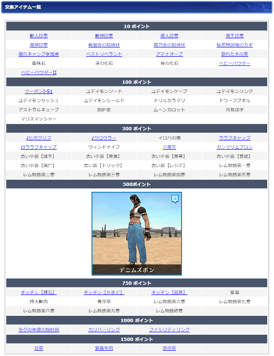 ９月ログインキャンペーン交換リスト(クリックで拡大)