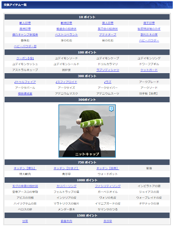 １月ログインキャンペーン交換リスト(クリックで拡大)