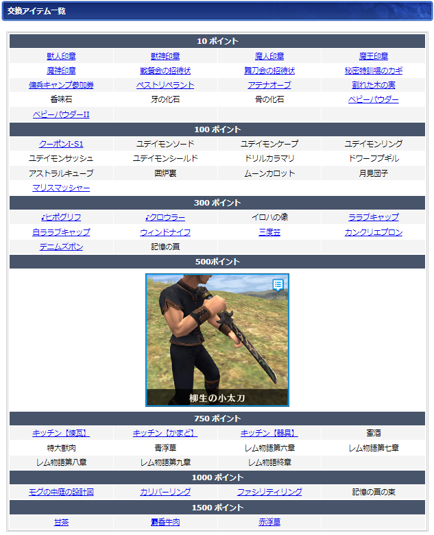 ９月ログインキャンペーン交換リスト(クリックで拡大)
