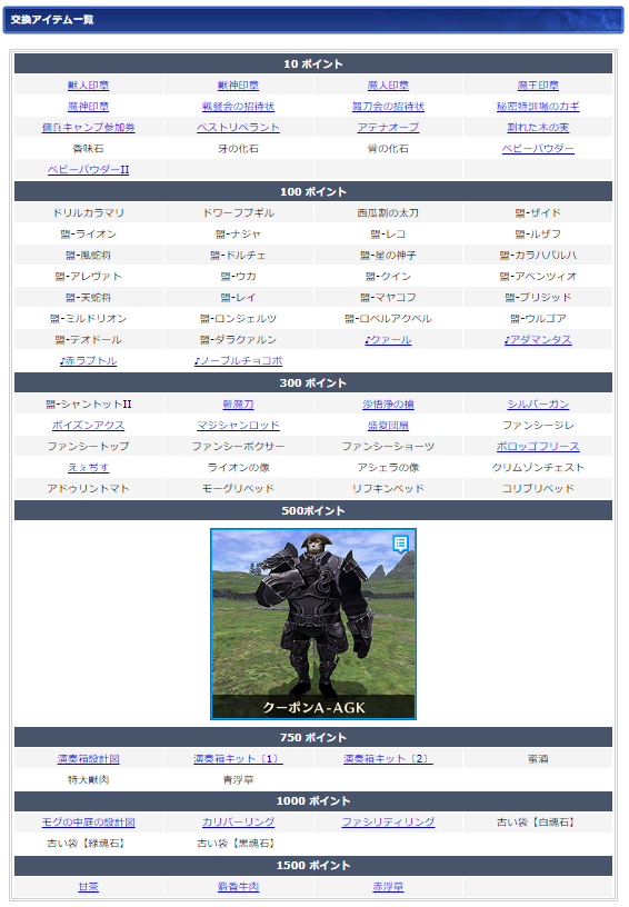 ０８月ログインキャンペーン交換リスト(クリックで拡大)