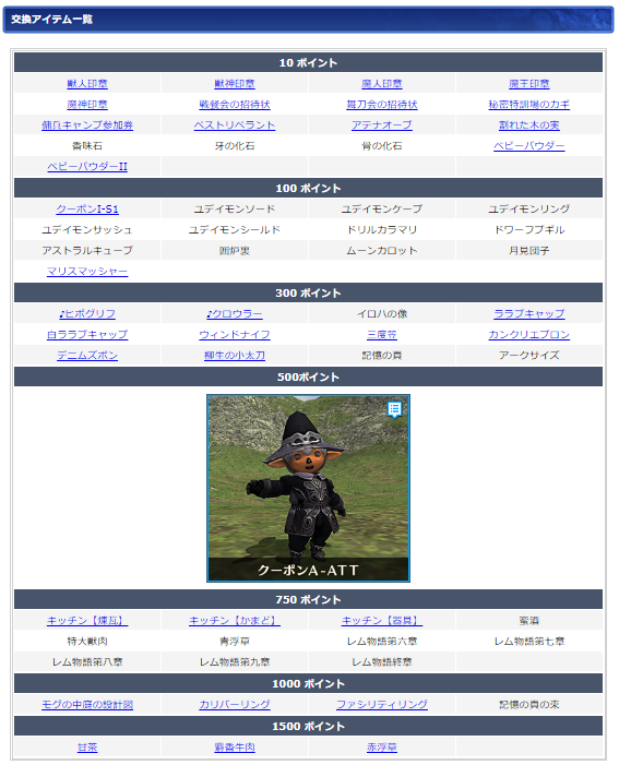 ０９月ログインキャンペーン交換リスト(クリックで拡大)
