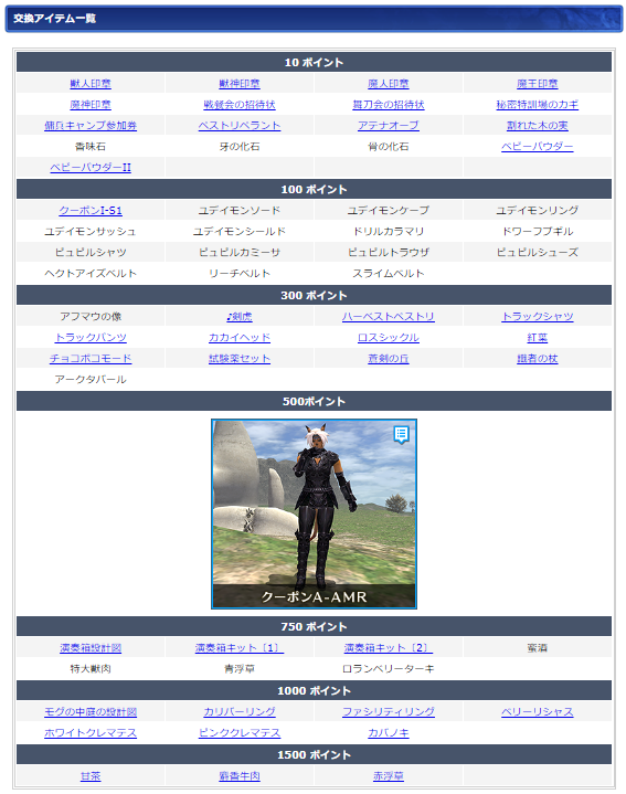 １０月ログインキャンペーン交換リスト(クリックで拡大)